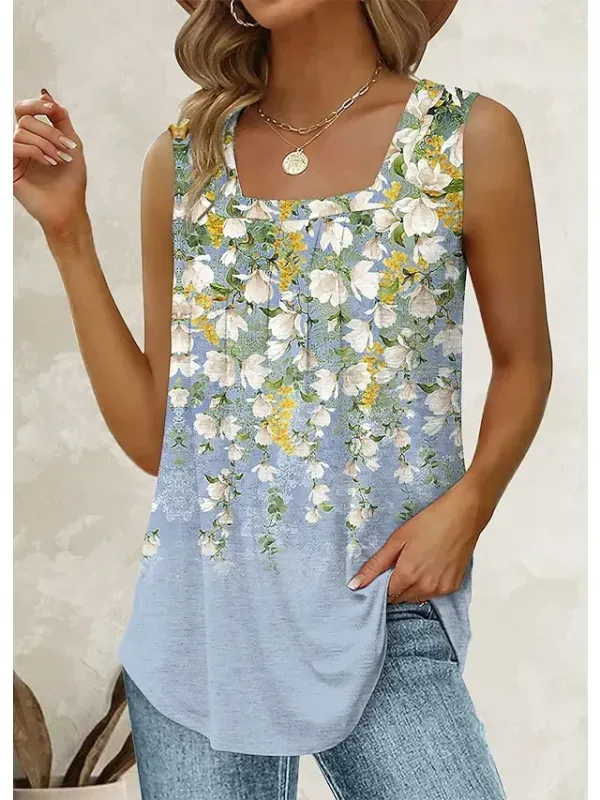 Women's Tank Top Pink Blue Purple Floral Sequins Sleeveless Casual Holiday Basic Square Neck Regular Floral S