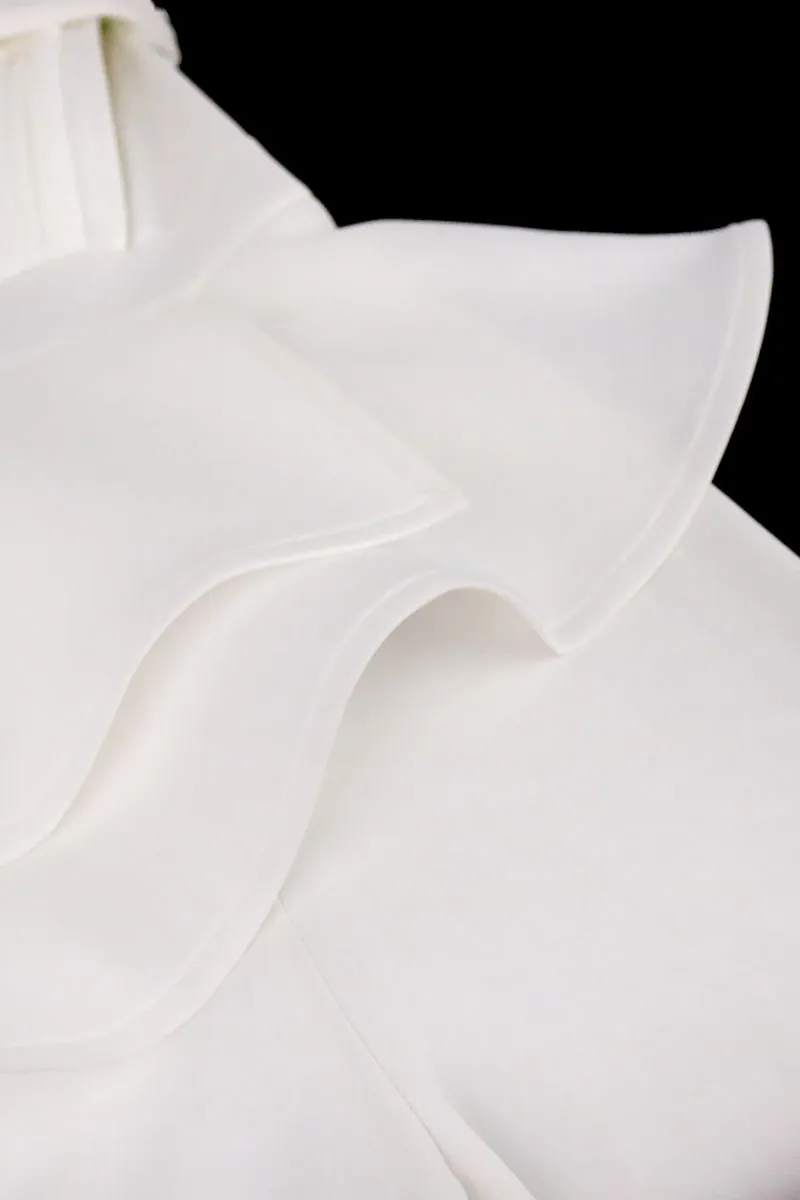 Mesh Patchwork Pearls Long Sleeve Asymmetric Trim Straight Leg Evening White Jumpsuit