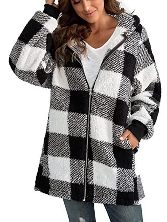Women's Zip Hoodie Sweatshirt Vintage Sports Basic Zip Up Front Pocket Black Red Blue Plaid Street Casual Hoodie Long Sleeve Top Micro-elastic Fall & Winter