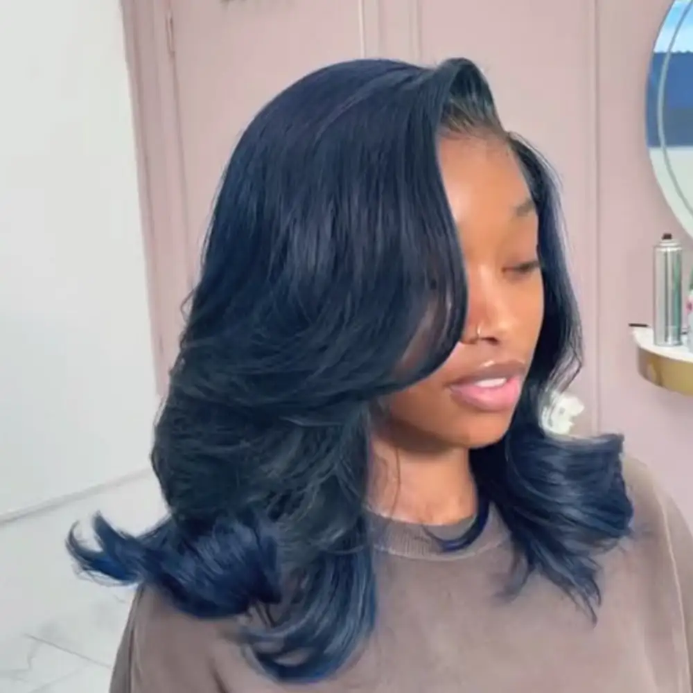 Glueless Midnight Blue Bob Wig Glueless Flexi-Fit Invisi Drawstring Cap Trendy Colored Human Hair Wigs