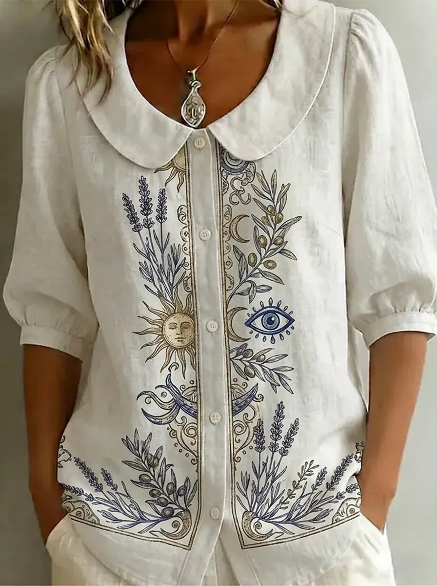 Women's Nashville Celestial Sun Eye Lavender Printed Linen Shirt