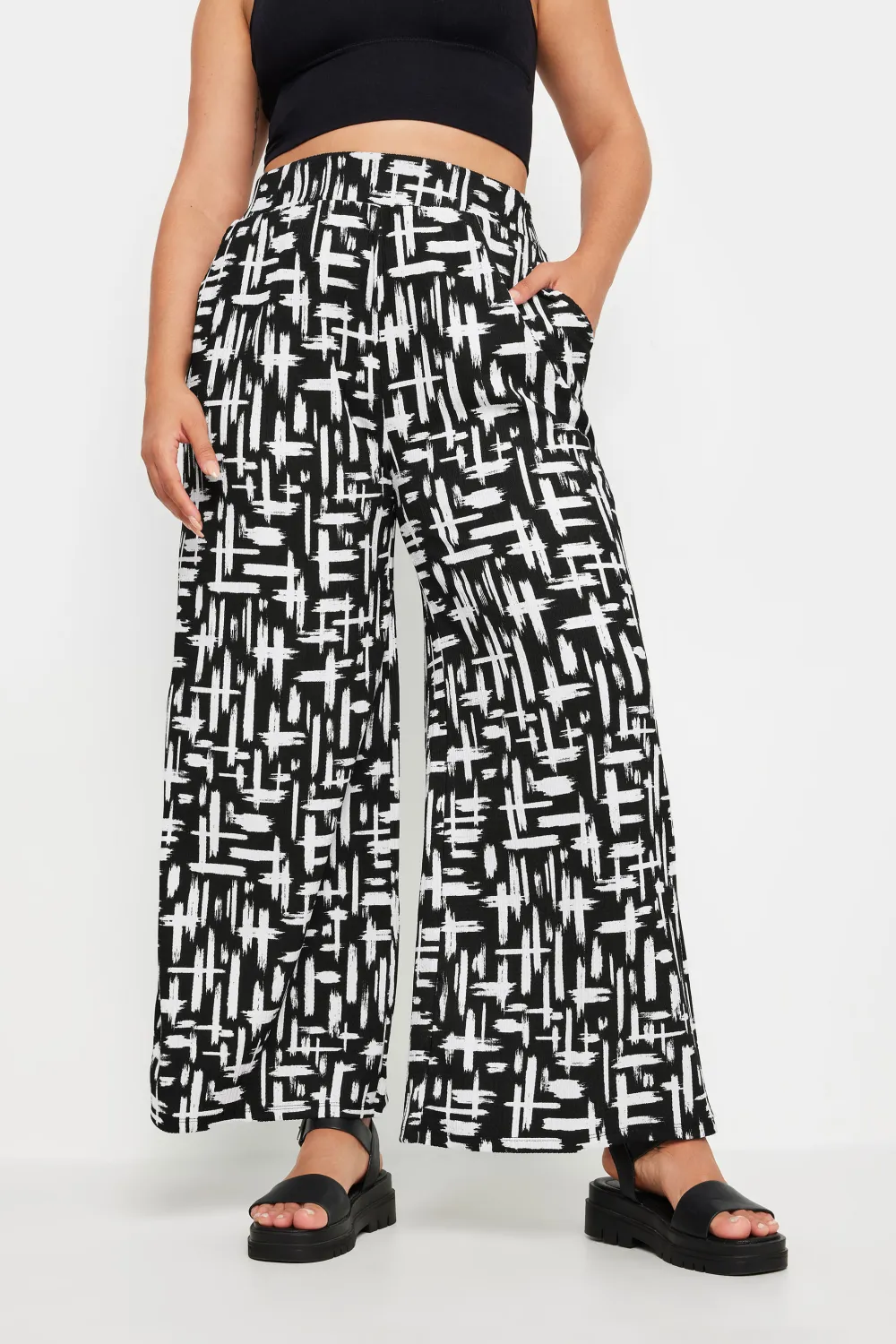 YOURS Curve Blue Abstract Print Textured Wide Leg Trousers