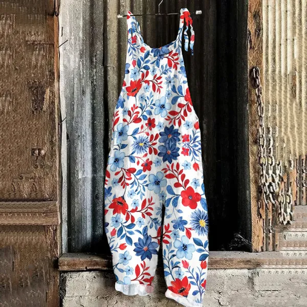 Women's Loose Independence Day American Beauty Floral Flag Color Linen Print Cotton Linen Jumpsuit