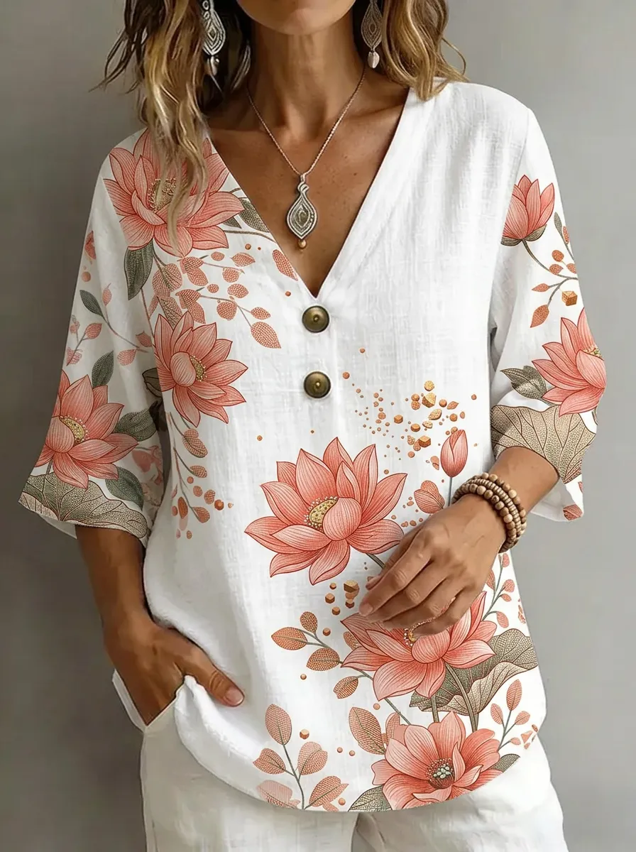 Women's Nashville Floral Lotus Printed V-Neck Button Top