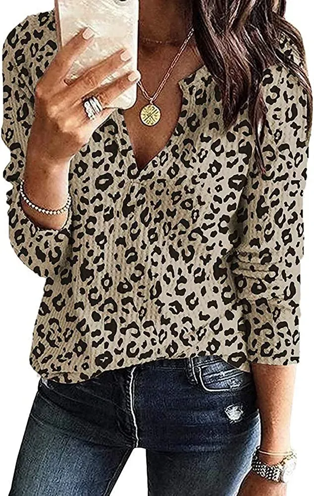 Women's V Neck Waffle Knit Henley Tops Casual Long Sleeve Pullover Sweater Blouses