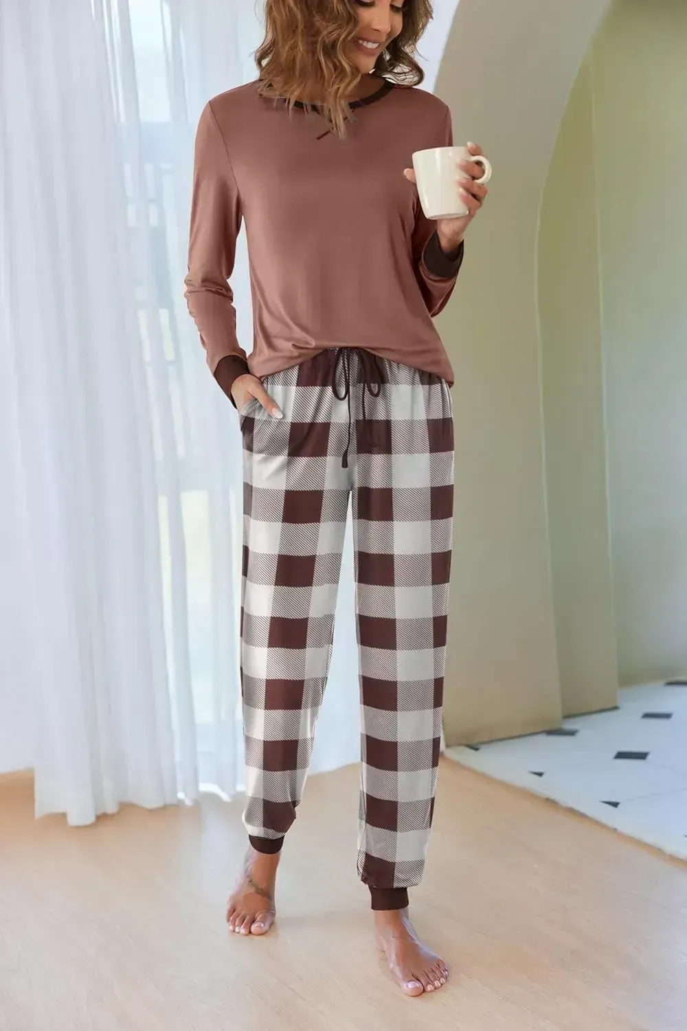 Women's Pajamas Sets Long Sleeve with Plaid Pants Soft Sleepwear O Neck 2 Piece Pjs Joggers Loung Set with Pockets