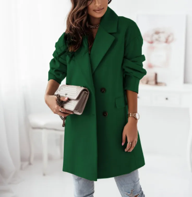 Long Sleeve Suit Collar Double Breasted Woolen Coat