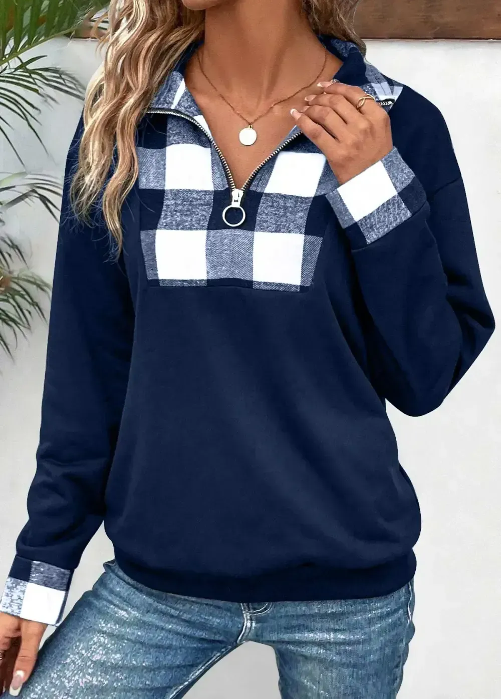 Navy Patchwork Plaid Long Sleeve Turn Down Collar Sweatshirt