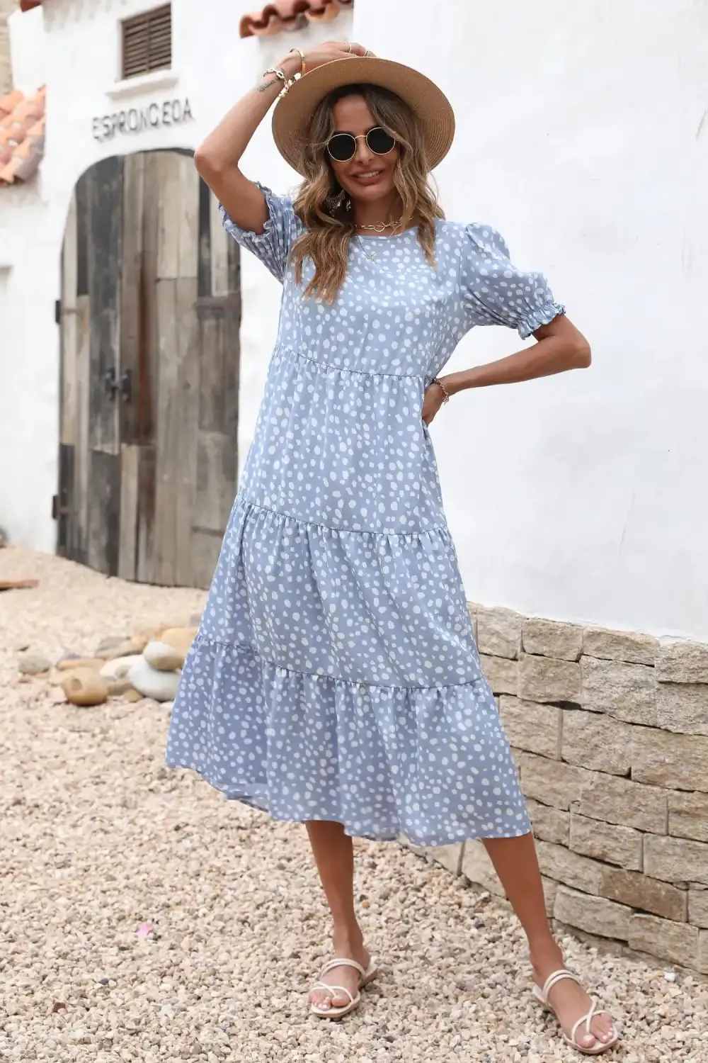 Floral Print Ruffle Puff Sleeve High Waist Midi Dresses
