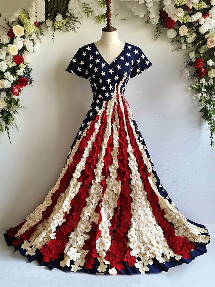 Women's Independence Day Flag And Floral Print Short Sleeve Dress