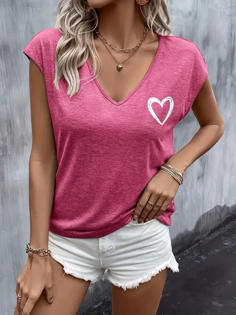 Heart Print V Neck T-shirt, Casual Cap Sleeve Top For Spring & Summer, Women's Clothing