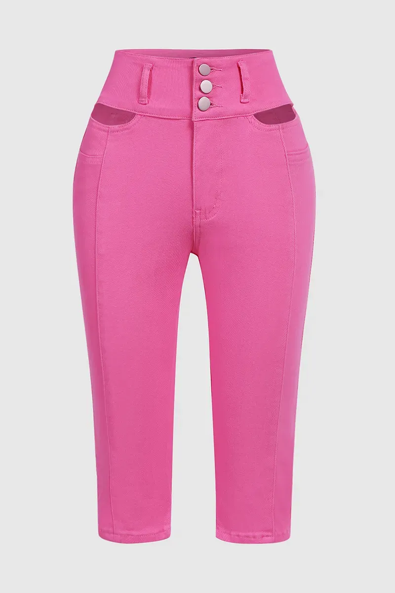 Solid Cut Out Waist Skinny Capri Jeans