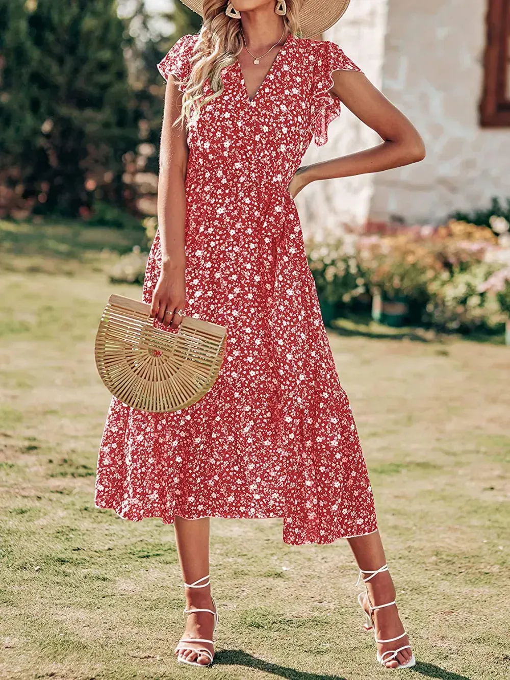 Women Summer Bohemian Floral Casual Wrap V Neck Ruffle Cap Sleeveless Belt A-Line Pleated Hem Swing Midi Sun Dress