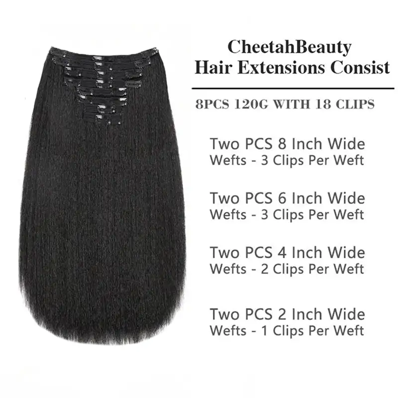 Double Drawn Kinky Straight Clip In Hair Extensions Human Hair Clip Ins 120g 8pcs With 18 Clips