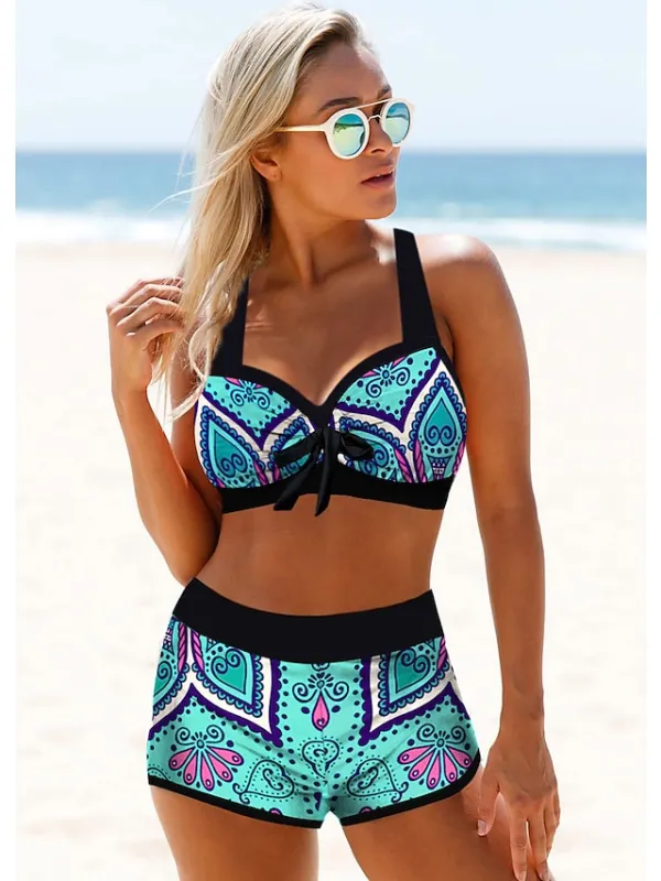 Women's Swimwear Bikini 2 Piece Normal Swimsuit Halter Front Tie Bowknot High Waisted Bow Floral Color Block Blue Halter Blouse Strap Bathing Suits New Fashion Party