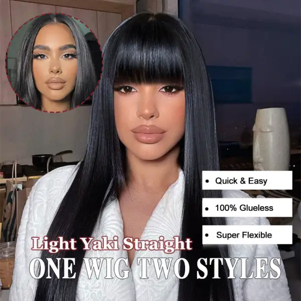 One Wig Two Styles | Glueless 5x5 Kinky Straight/Yaki Straight Lace Closure Wig, Free Removable Bangs