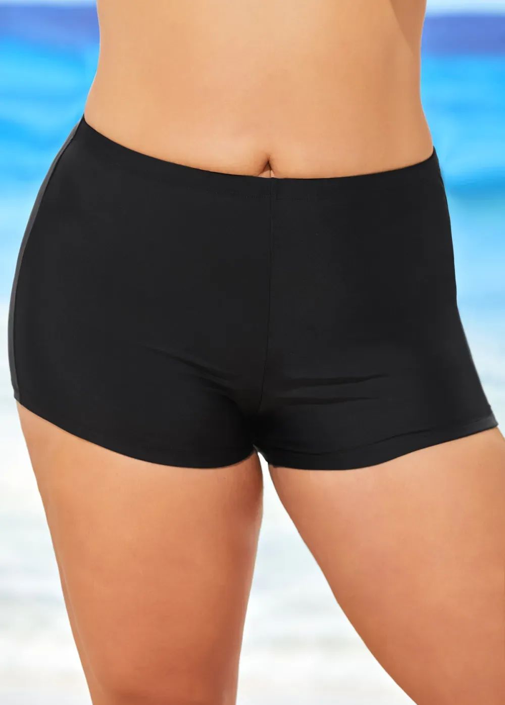 Black Mid Waisted Elastic Detail Swimwear Shorts