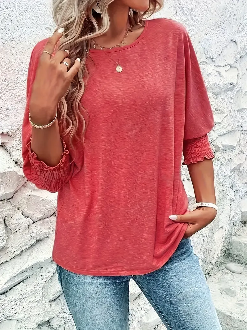 Elegant Women's Lavender Mid-Sleeve T-Shirt - Casual Crew Neck, Soft Polyester Blend with Subtle Cuff Detail, Machine Washable - Ideal for Spring/Summer/Fall