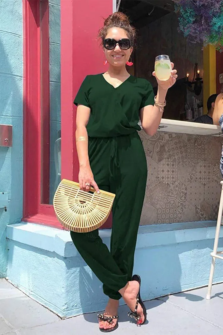 Deep V Neck Wrap Drawstring Waist Jumpsuit