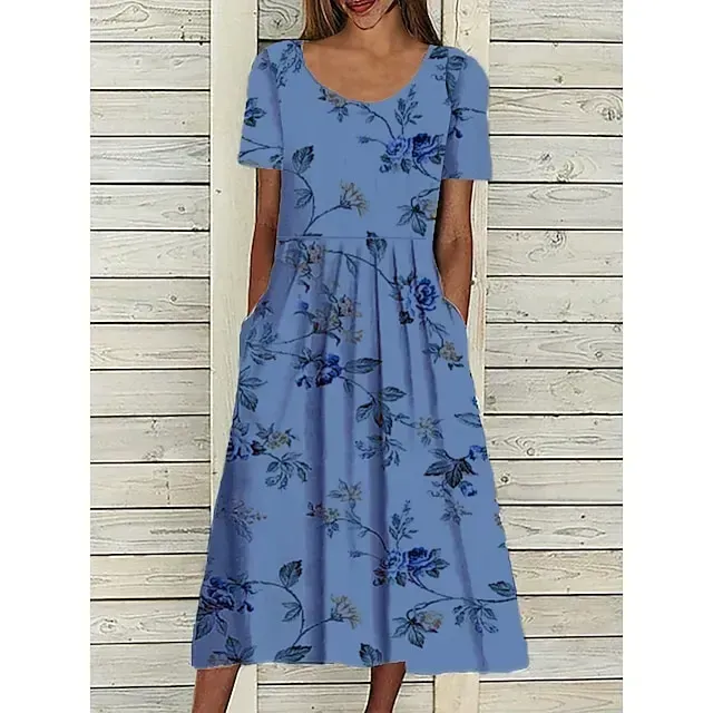 Women's Casual Dress Midi Dress White Blue Green Short Sleeve Floral Ruched Summer Spring Crew Neck Basic Loose Fit 2023 S M L XL XXL 3XL