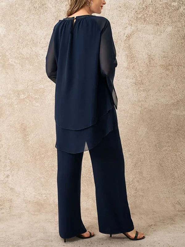 Round Neck Solid Color Top And Trouser Suit