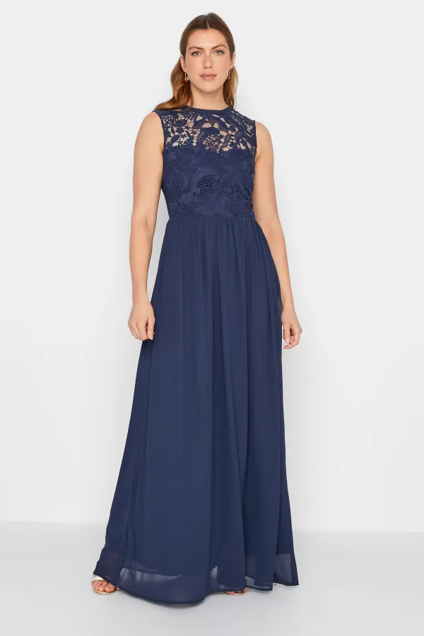 LTS Tall Navy Blue Lace Chiffon Maxi Dress