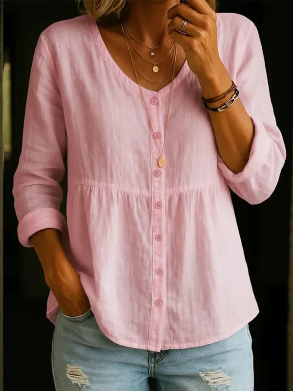 Women'S Solid Color Multi-Color Cotton Linen Button Round Neck Shirt