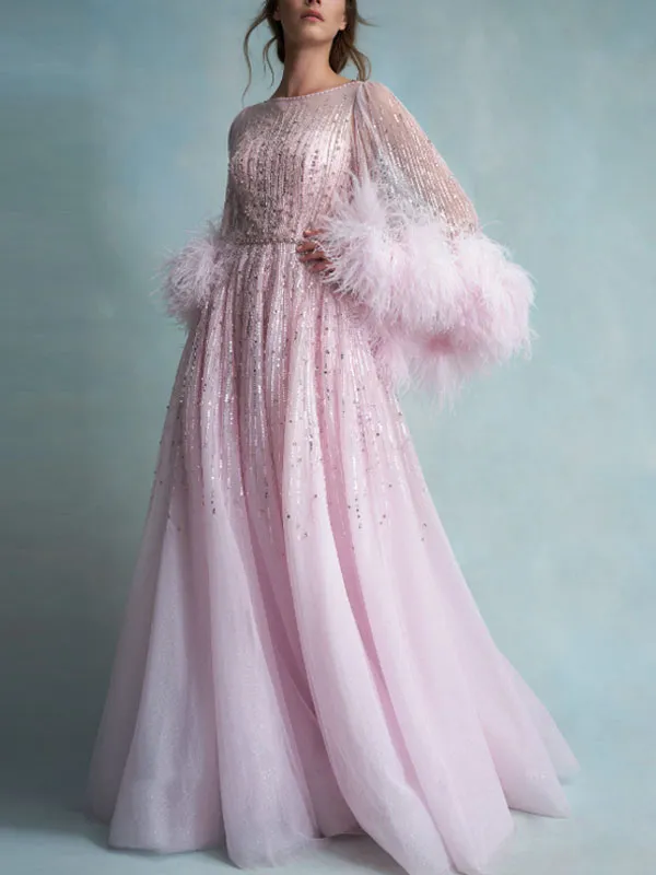 feather cuff sequin party ladies dress