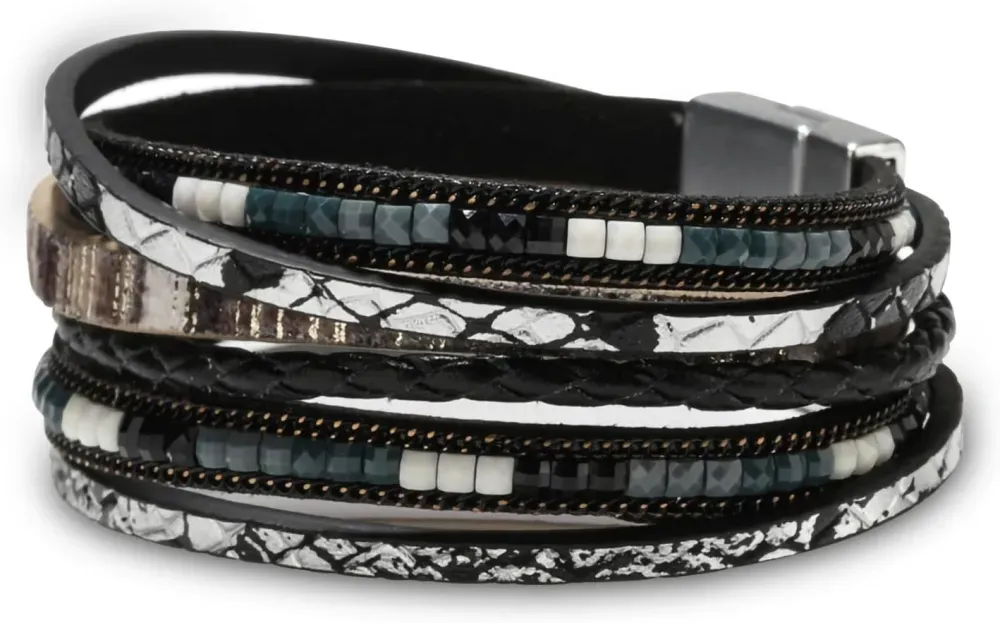 Fesciory Leather Wrap Bracelets for Women, Boho Leopard Multi-Layer Crystal Beads Cuff Bracelet Jewelry
