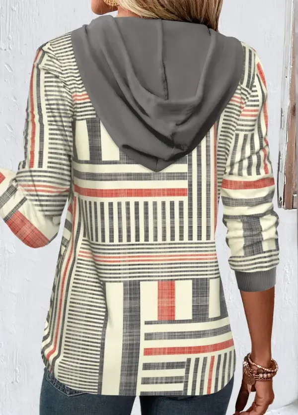 Multi Color Button Geometric Print Long Sleeve Hoodie