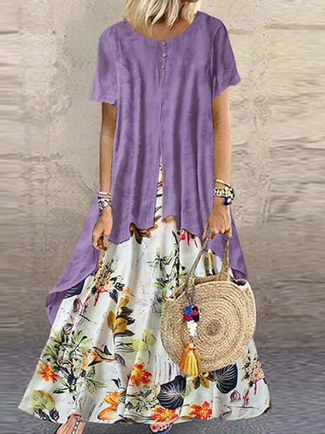 Women's Casual Dress Linen Dress Swing Dress Long Dress Maxi Dress Green Short Sleeve Floral Patchwork Summer Spring Crew Neck Fashion 2023 5XL