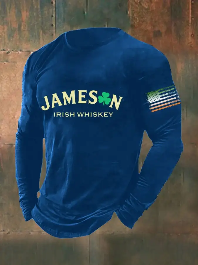Men's St. Patrick’s Day Jameson Irish Whiskey Print Casual Long Sleeve T-Shirt