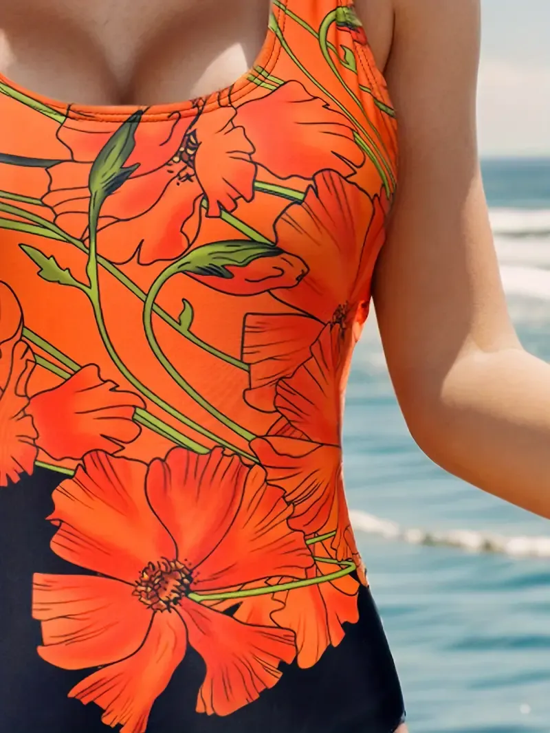 Popular Women'S One-Piece Swimsuit with a Fitted Design, Showcasing The Waist, Featuring a Round Neck And Floral Patterns with White Borders.