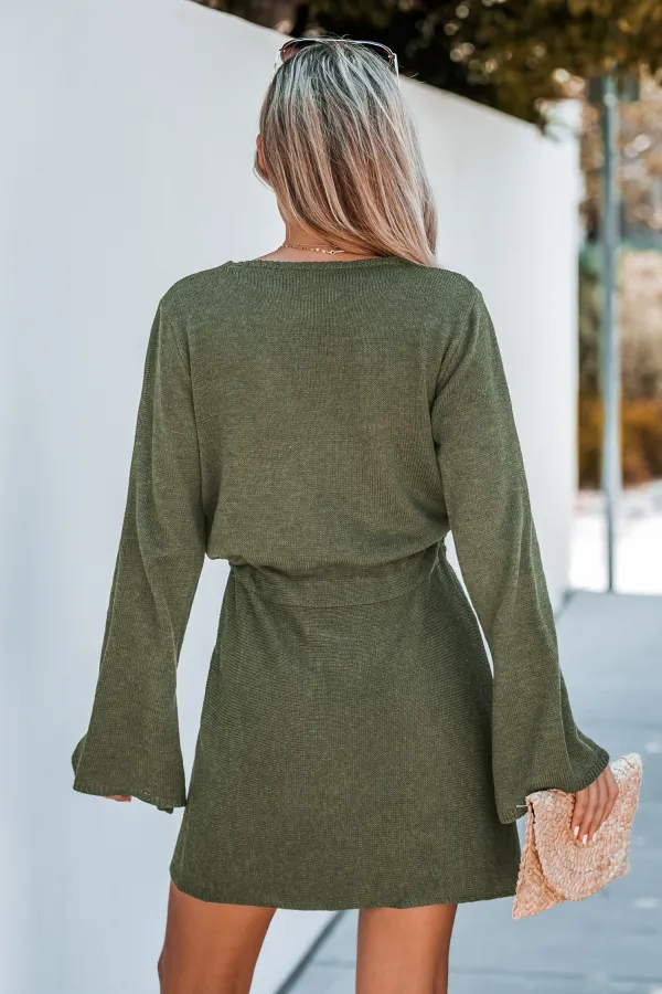 Olive Green Drawstring Sweater Dress