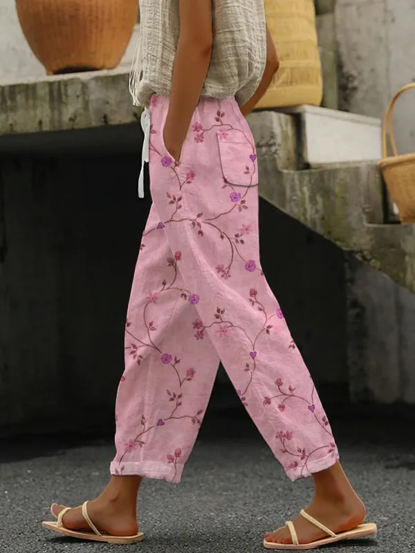 Women's casual retro floral cotton linen pants (with pockets)