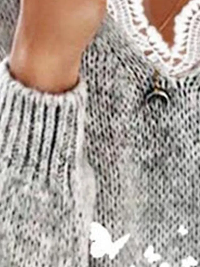 Women's Pullover Sweater Jumper V Neck Crochet Knit Rayon Knitted Lace Trims Fall Winter Outdoor Daily Going out Stylish Casual Soft Long Sleeve Butterfly Yellow Gray S M L