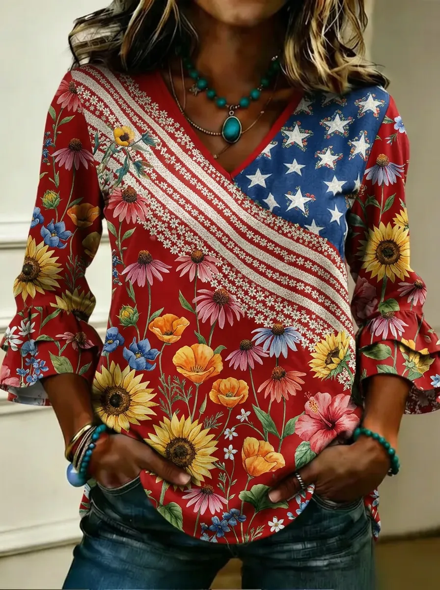 Women's Nashville Patriotic Sunflower Floral Printed V-neck Top