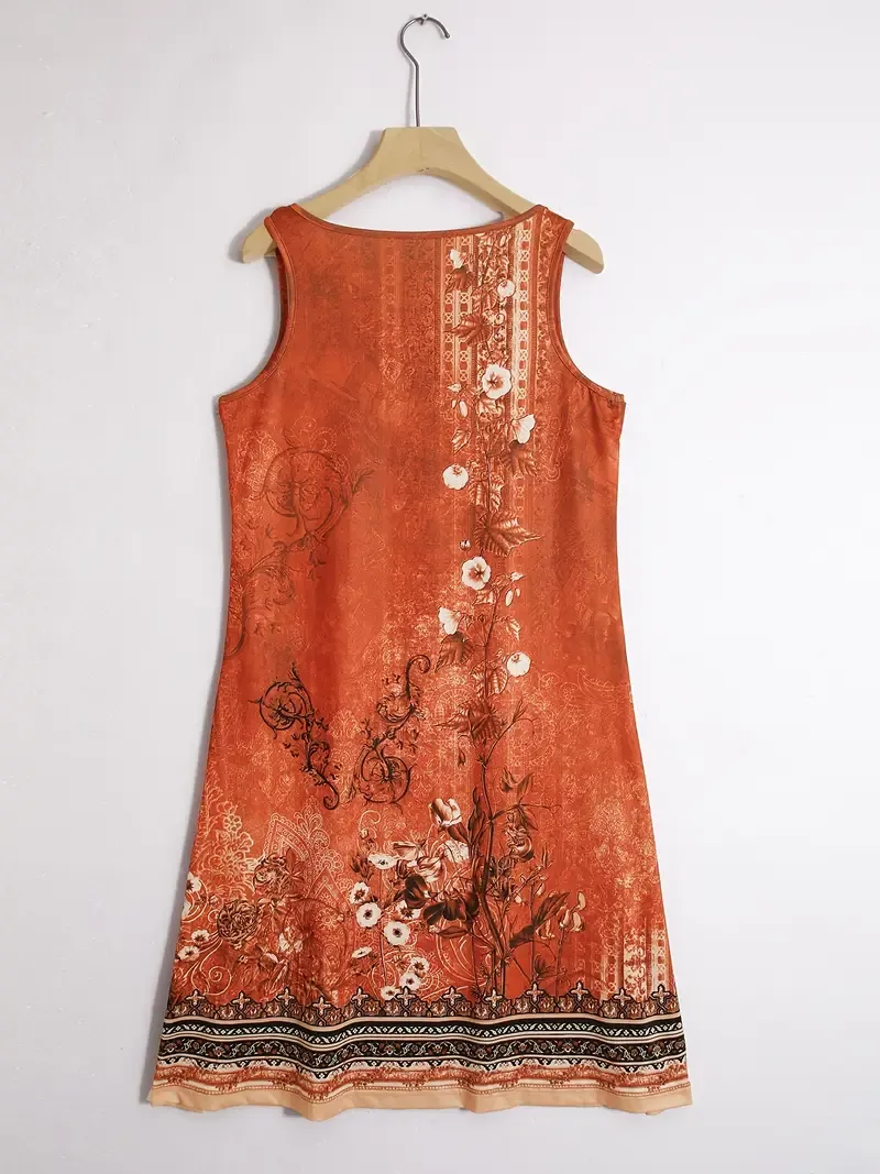 Floral Print Sleeveless Dress, Casual Notched Neck Midi Dress, Women's Clothing