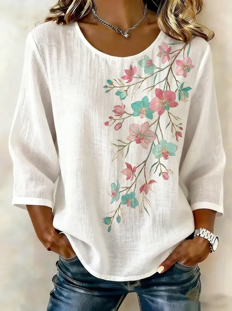 Women's Nashville Floral Branch Printed Linen Blend Top 1