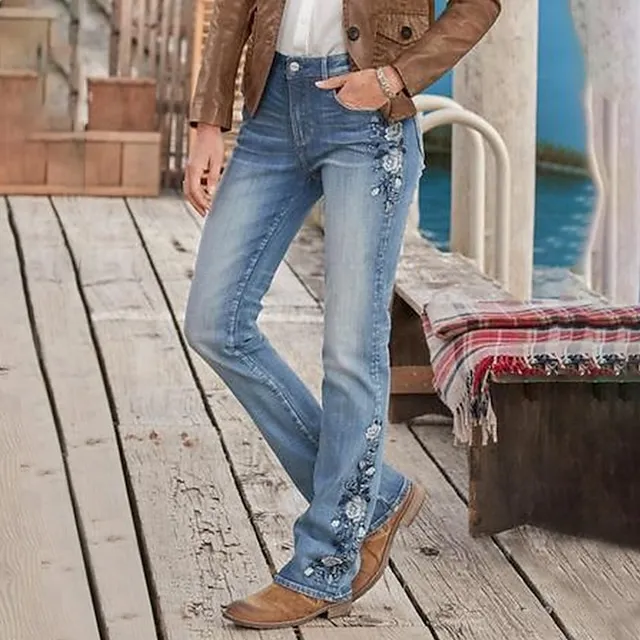 Women‘s Low Rise Jeans Bootcut Flared Pants Full Length Denim Embroidered Side Pockets Stretchy High Waist Fashion Casual Office Vacation Robin‘s Egg Blue S M