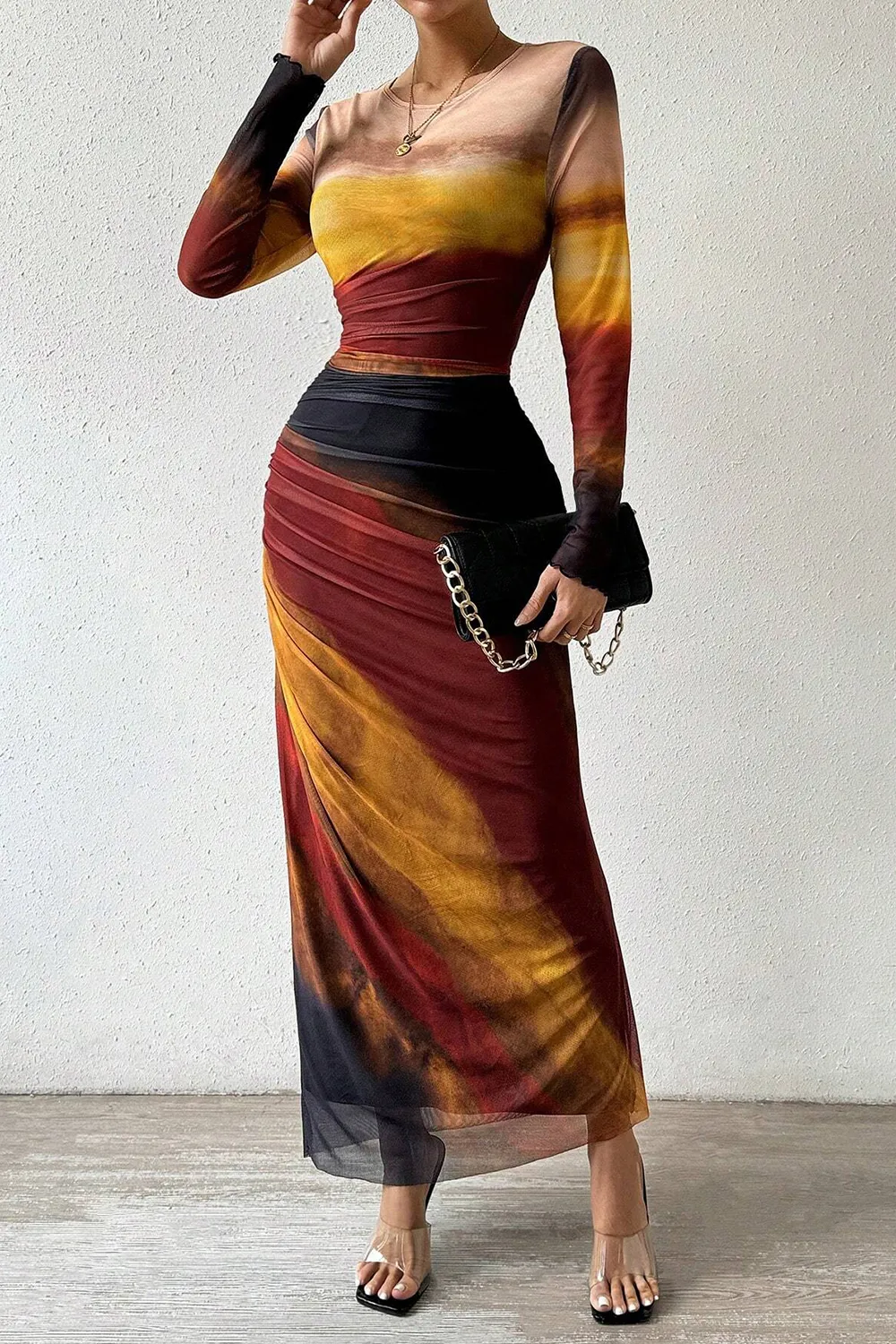 Women's Tie Dye Long Sleeve Pleated Dress Multicolor