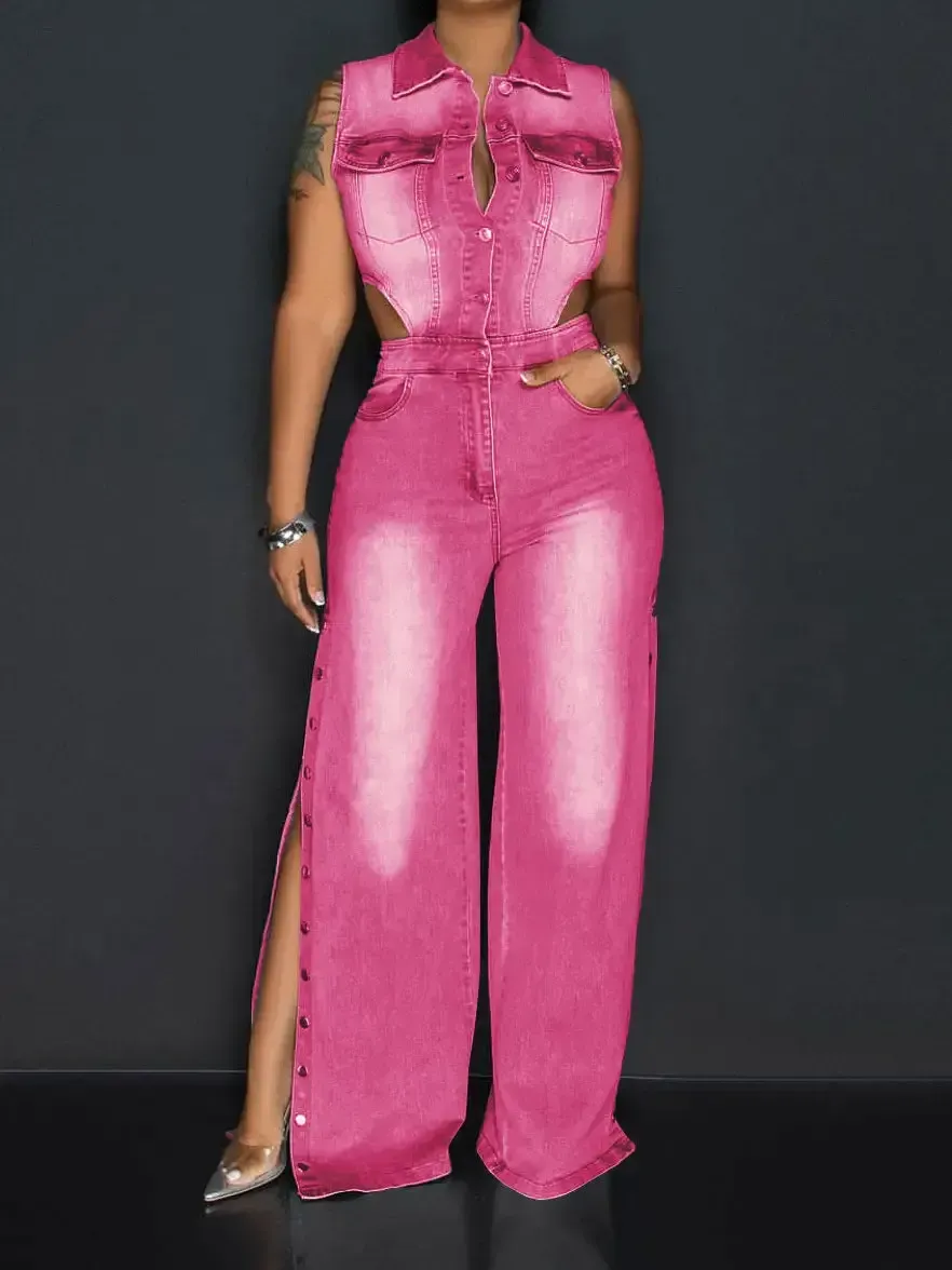 Women's Lapel Hollow Slit Denim Jumpsuit