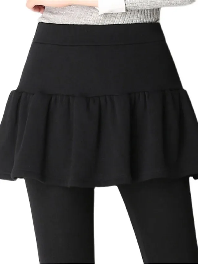 Women‘s Fleece Lined Skort Skirt and Leggings Warm Full Length Fashion Streetwear Street Daily Ash Black S M Fall Winter
