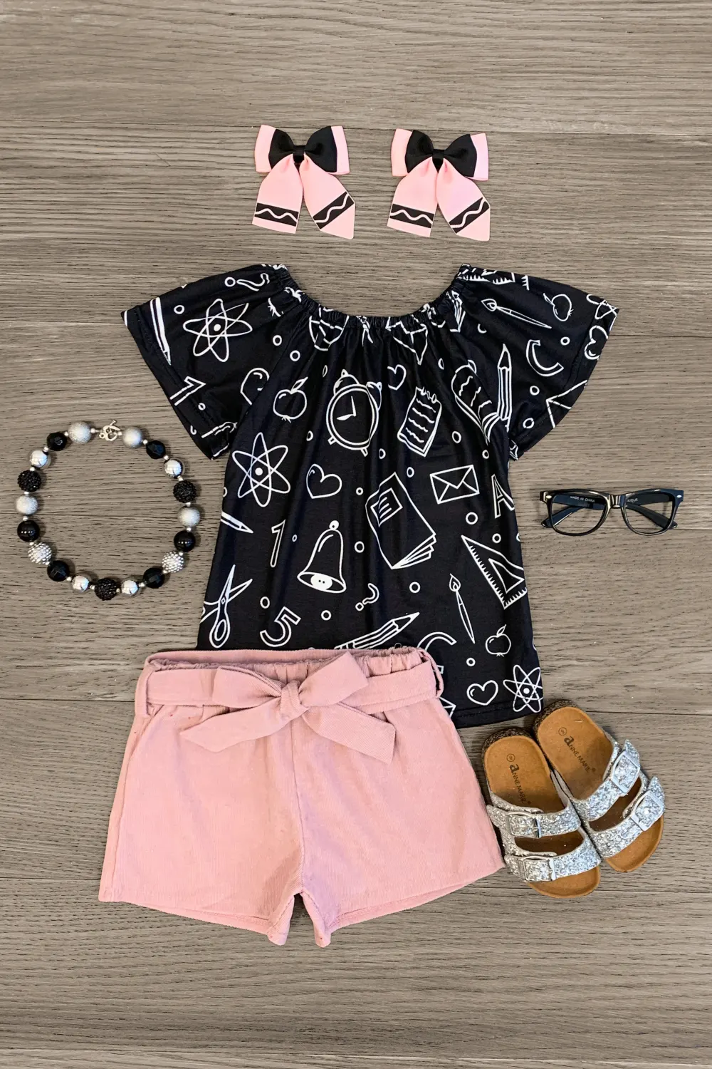 School Black & Dusty Rose Corduroy Short Set