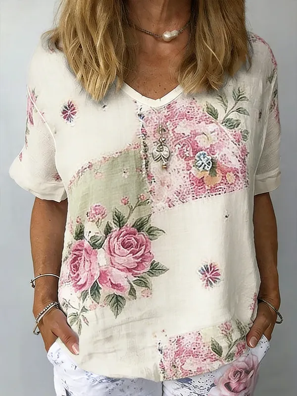 Women's Retro Peony Embroidery Block Art Pattern V-neck T-shirt