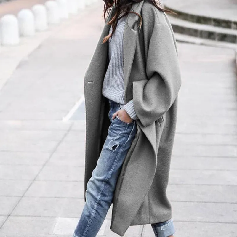 Elegant Long Sleeve Notch Collar Button Detail Oversize Maxi Wool Coat