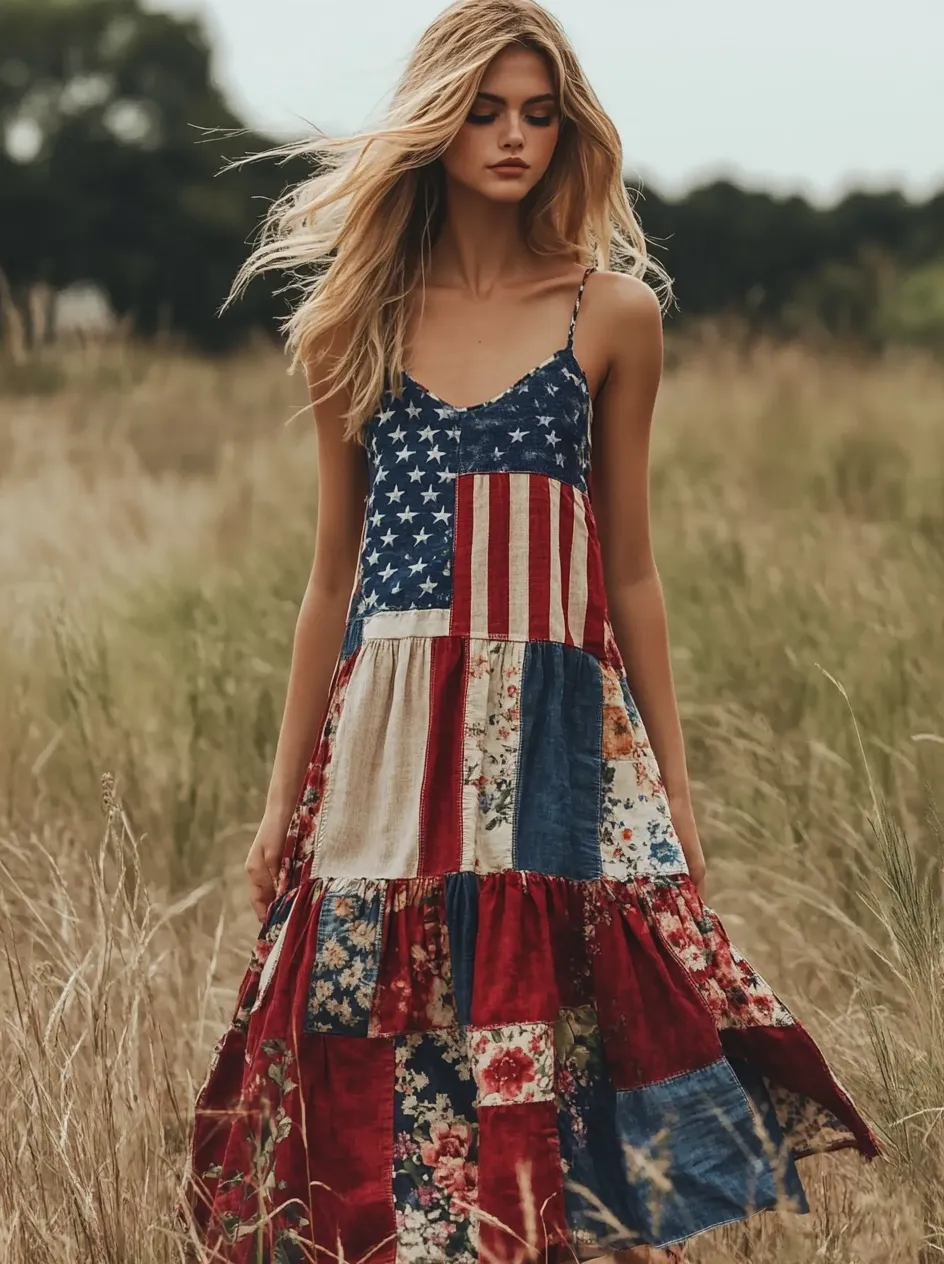 Women's Vintage Independence Day Floral Patchwork Art Slip Dress