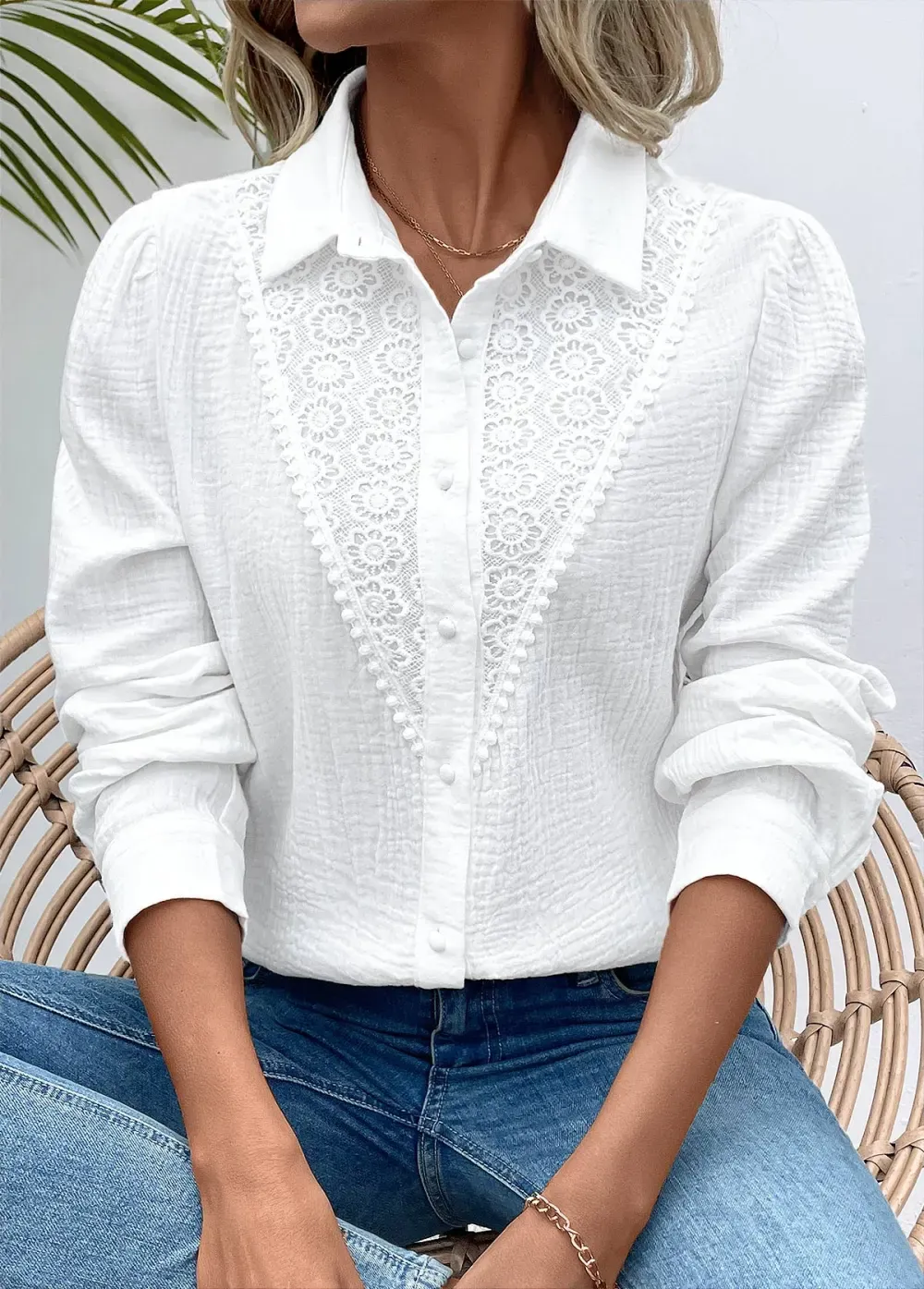 White Embroidery Long Sleeve Tunic Shirt