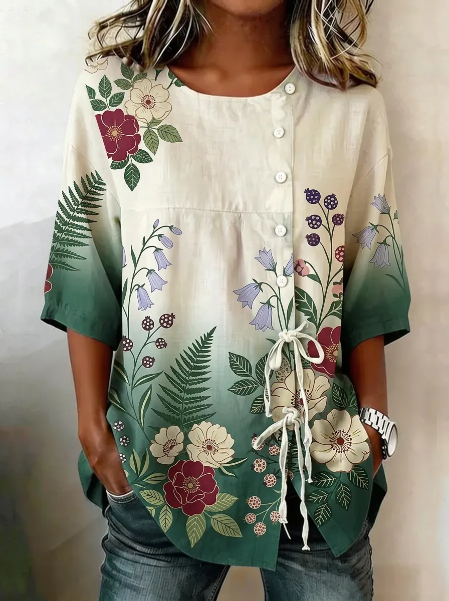 Women's Nashville Botanical Floral Fern Printed Button-Up Top