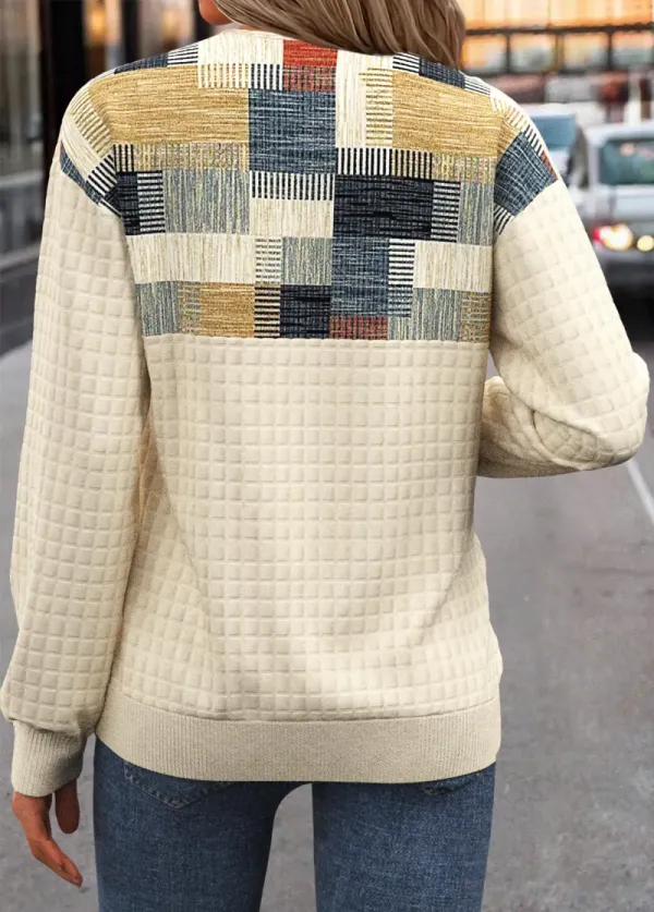 Light Yellow Button Geometric Print Long Sleeve Sweatshirt